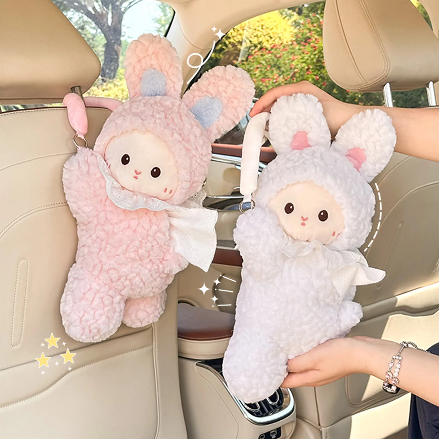 

New Cute Car Seat Back Hanging Decorative Tissue Box with Creative Plush Toy for Automotive Multi-Functional Hanging Tissue Bag