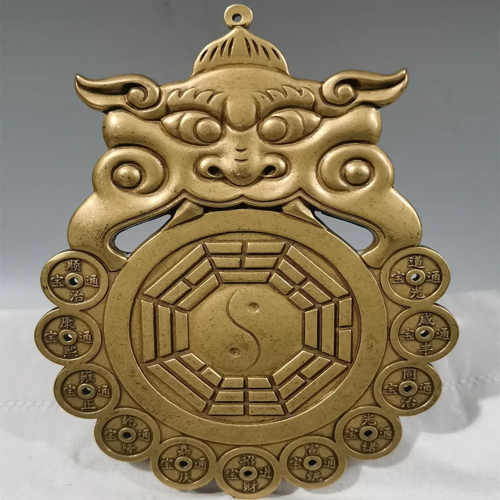Brass Unicorn Head Fengshui Decorative Sculpture Eight Diagrams Ten Emperors Mirror Town House Fengshui Pendant Home Decoration