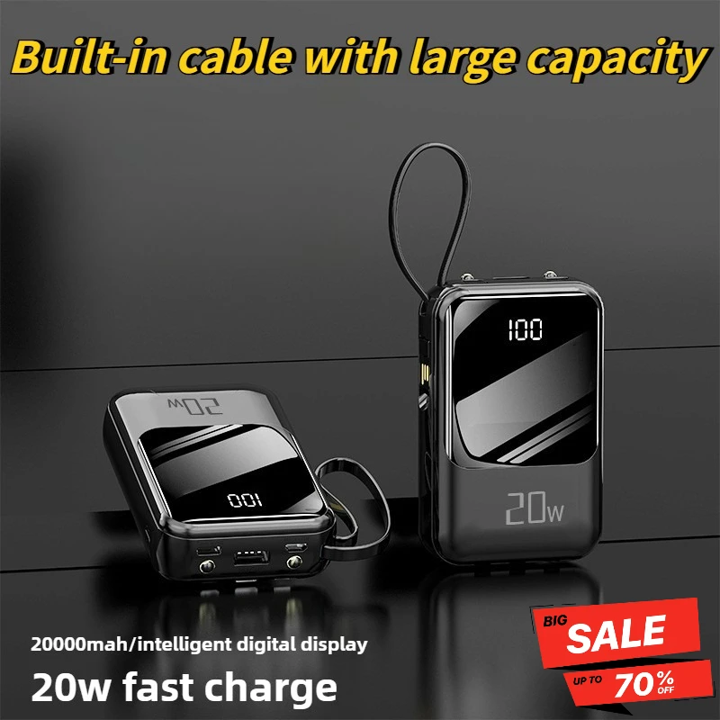 

Портативный аккумулятор большой емкости с цифровым дисплеем, 20000 мАч, мини-банк питания с кабелем, подходит для большинства электроники,