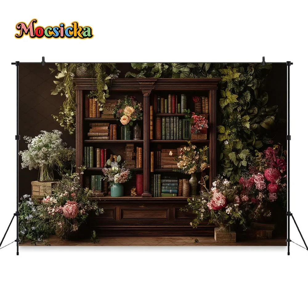 Mocsicka Vintage Library Bookshelf Backdrop Photography Mother's Day Floral and Greenery Background Kid Portrait Photo Studio