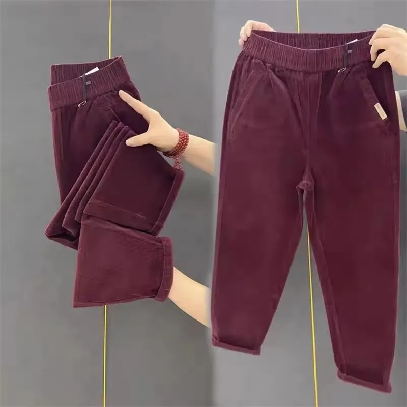 Novas calças femininas de alta qualidade outono moda coreana veludo harem calças femininas casuais finas calças de cintura elástica senhoras