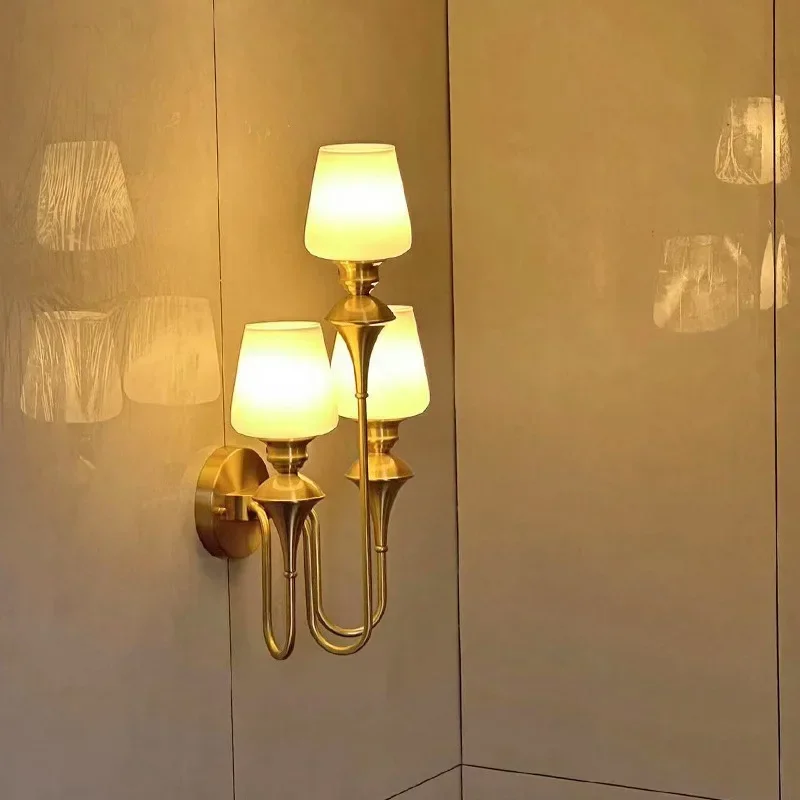 Living Room Wall Lamp All Copper French Luxury Three-head Villa Duplex Lobby Jane Nordic Background Wall Headlights