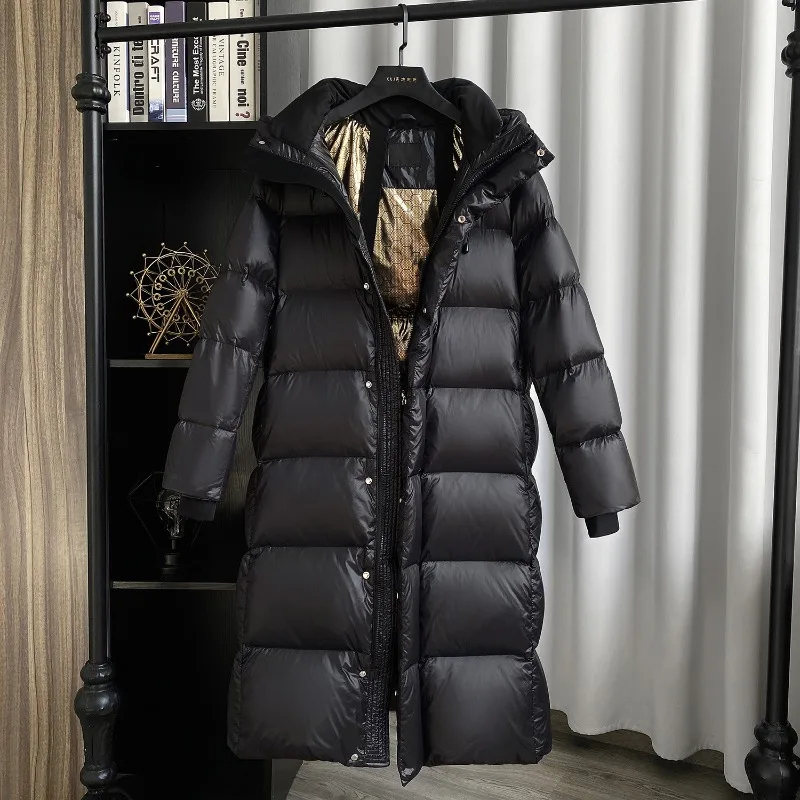 Women's Clothing Chic Hooded Windproof Below The Knee Warm Winter New Style Black Gold White Goose Down Mid-Length Down Jacket