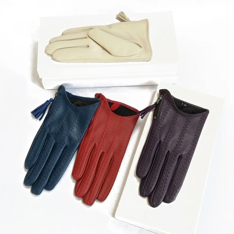 Women‘s Black Leather Gloves Wrist Short Winter Warm Lined Genuine Sheepskin Tassel Zipper Cycling Moto Driving Gloves