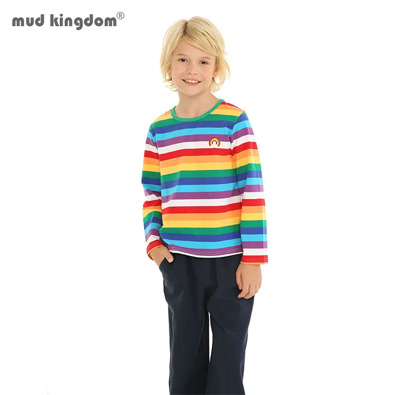 Mudkingdom Kids Rainbow T-Shirts Cute Stripe Boys Tee Shirts Girls Tshirts Long Sleeve Cotton Sweatshirt Pullovers Tops Clothes