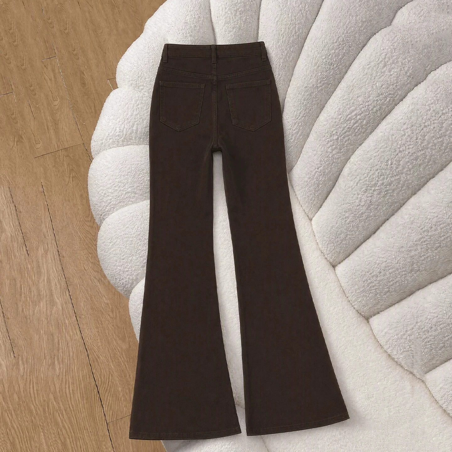 Slim Fit Brown Denim Jeans High Waist Zipper Closure Cotton Stretch Fabric Wear Resistant Straight Leg Bell Bottoms for Women