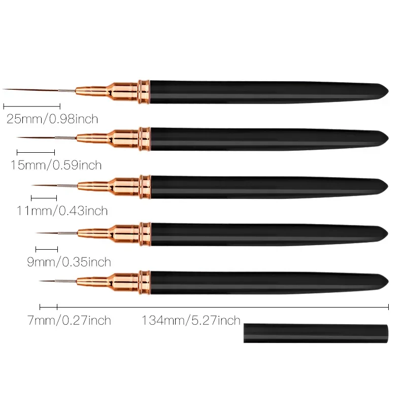 5Pcs/Set Black Nail Art Liner Brushes Painting Nail Design Pen 9/11/15/25mm Narzędzie do rysowania dla długich linii szczegółów Manicure Pen