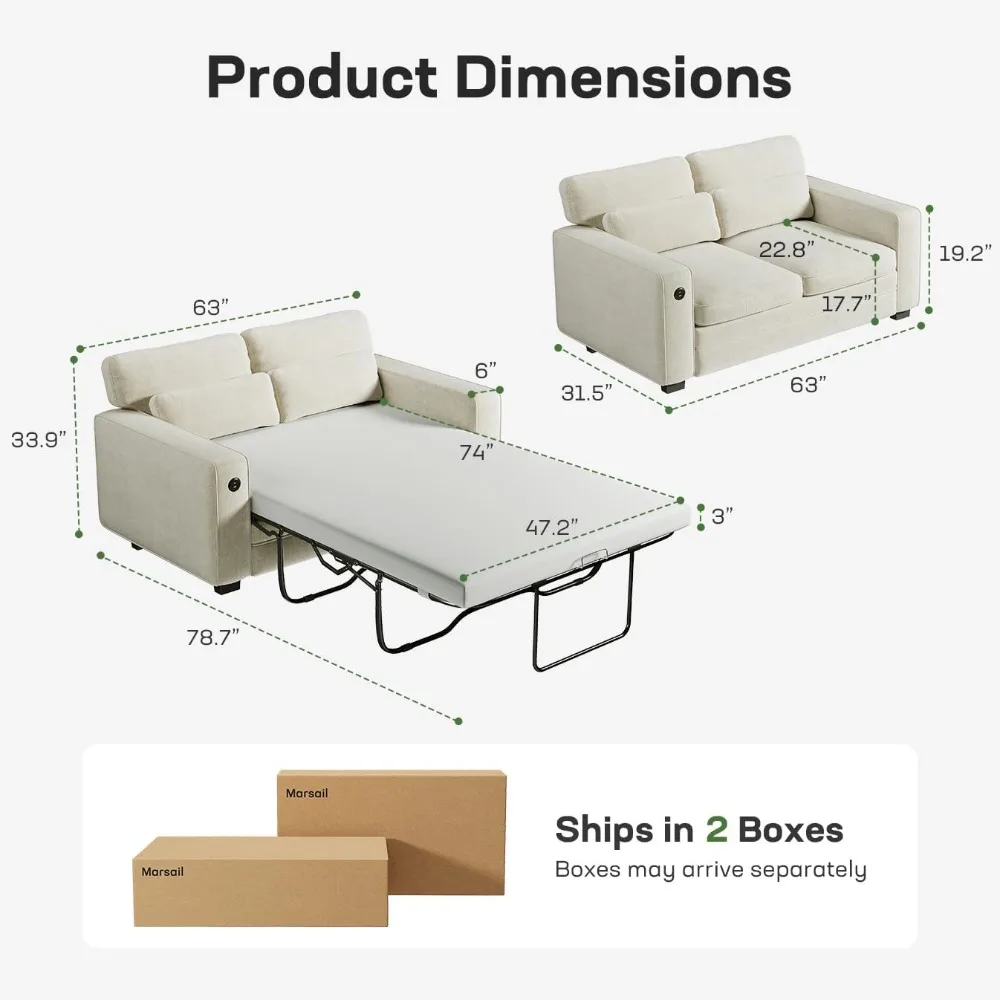 Full Size Memory Foam Sleeper Sofa with USB Ports and Removable Covers, Loveseat for Living Room