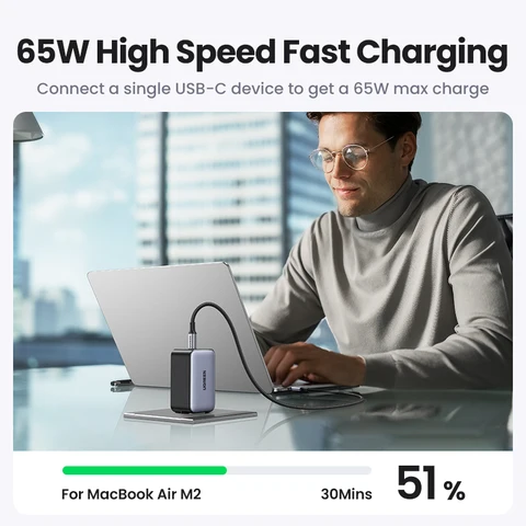 Устройство зарядное сетевое UGREEN с USB-портами и поддержкой быстрой зарядки, 65 Вт