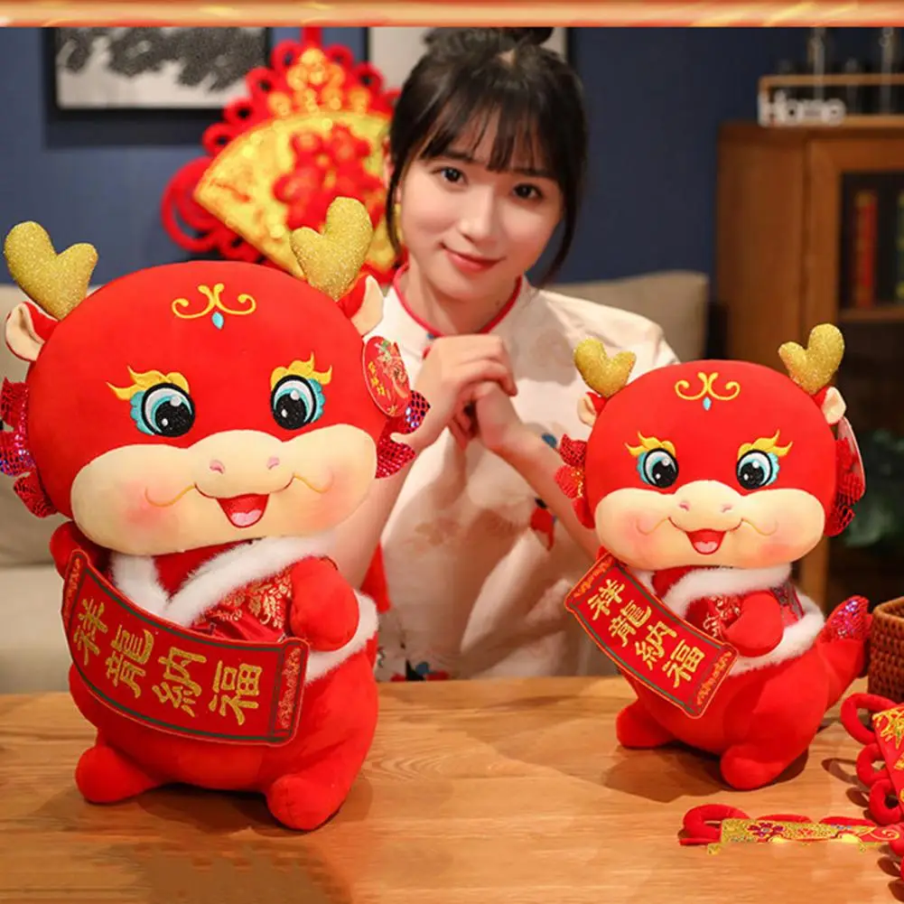 

Smooth Dragon Doll Dragon Plush Doll Dragon Mascot Plushies Chinese Zodiac Stuffed Dolls with Blessing Banners New Year for 2024