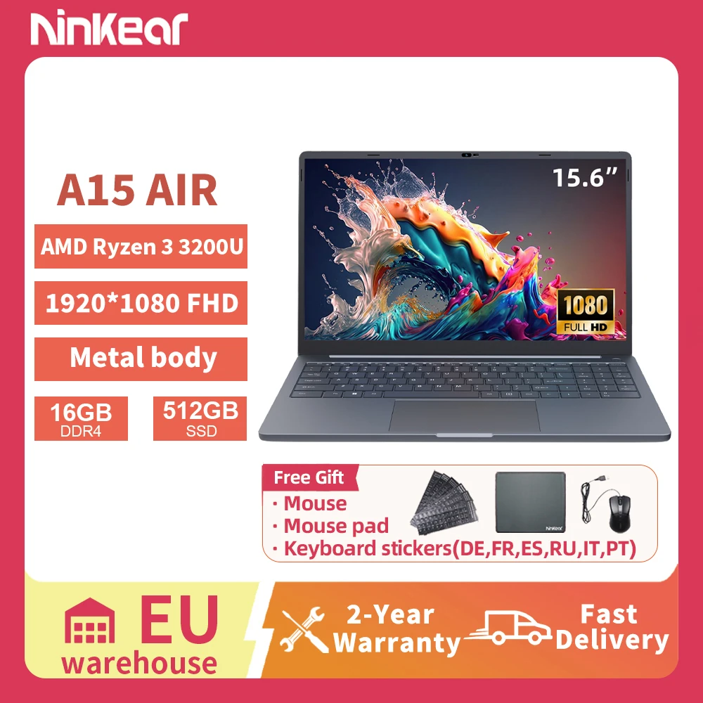 Laptop Ninkear A15 Air 15.6 Cala Ekran FHD IPS AMD Ryzen 3 3200U 16GB RAM 512GB SSD Otwieranie 180° Notebook Lekki do Biura Student Multimedia