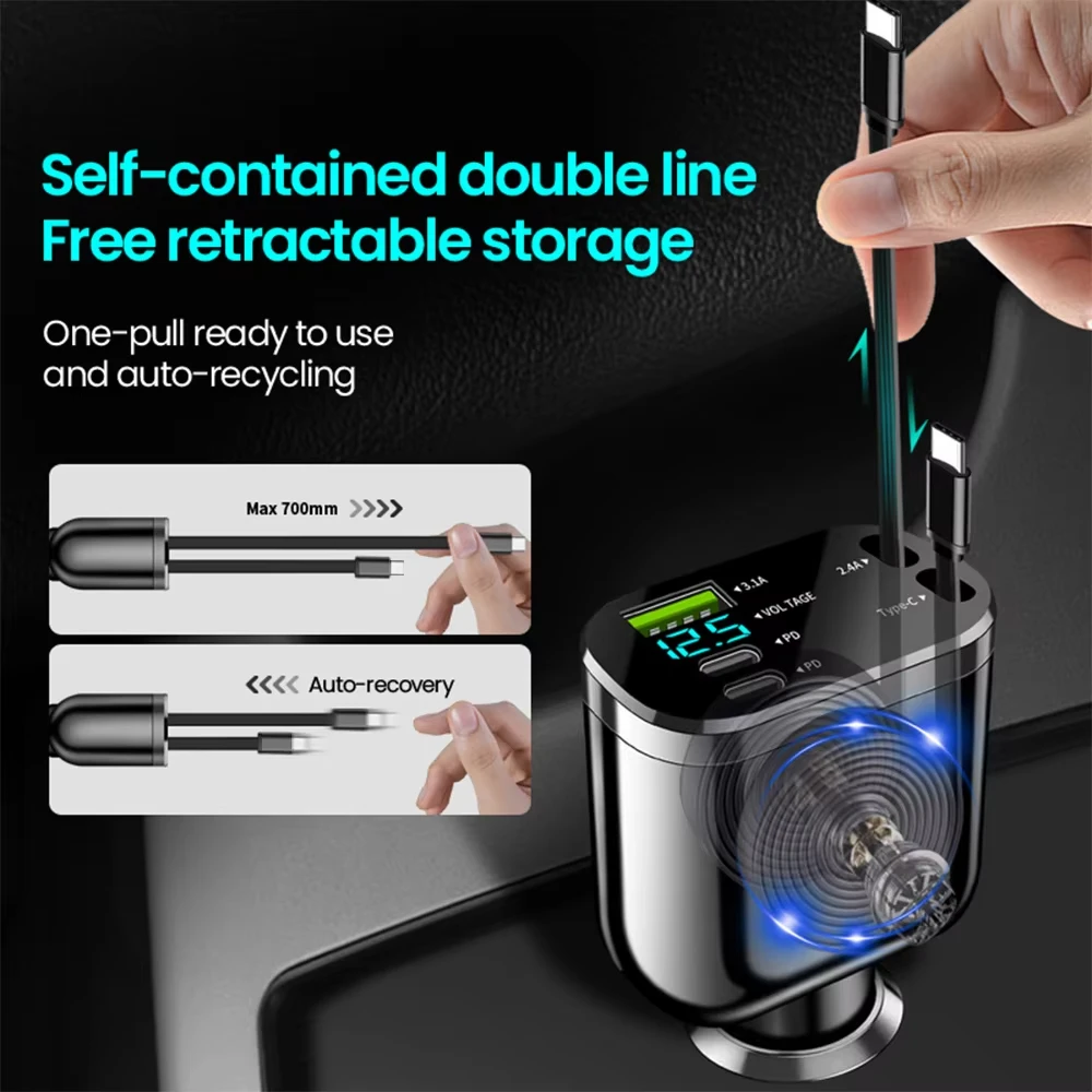 5 IN 1 Phone charger Retractable Car Adapter Charger Car Ultra Fast Charger Retractable Cable 2 Type-C Ports Car Charger Adapter