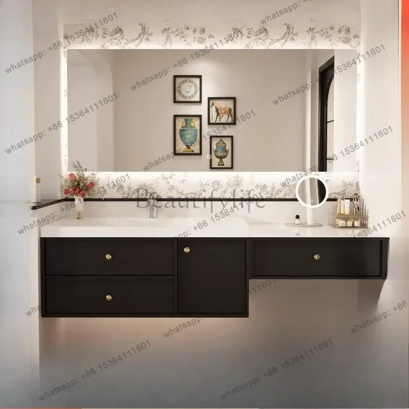 

Black bathroom cabinet, vanity, integrated rock slab, hot bending basin, toilet.