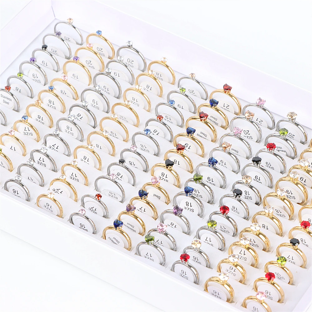 10/20/50Pcs/Lot New Fashion Colorful Heart Crystal Stainless Steel Rings Jewelry For Women Wedding Party Gift Wholesale