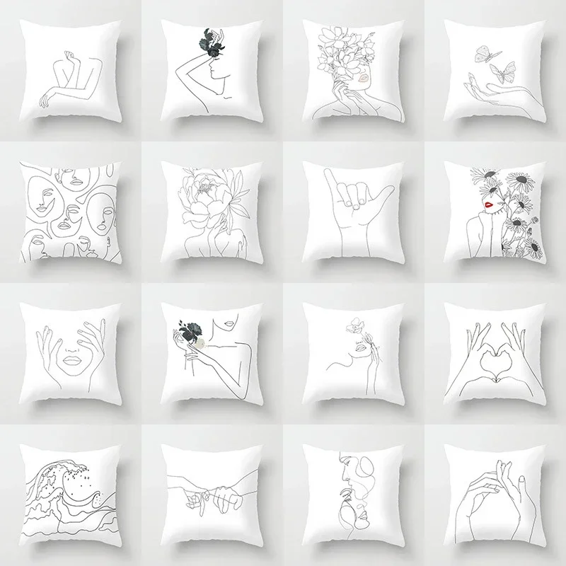 Modern Nordic Cushion Cover Sofa Decor Pillow White   Abstract Line Portrait Sketch Polyester Print