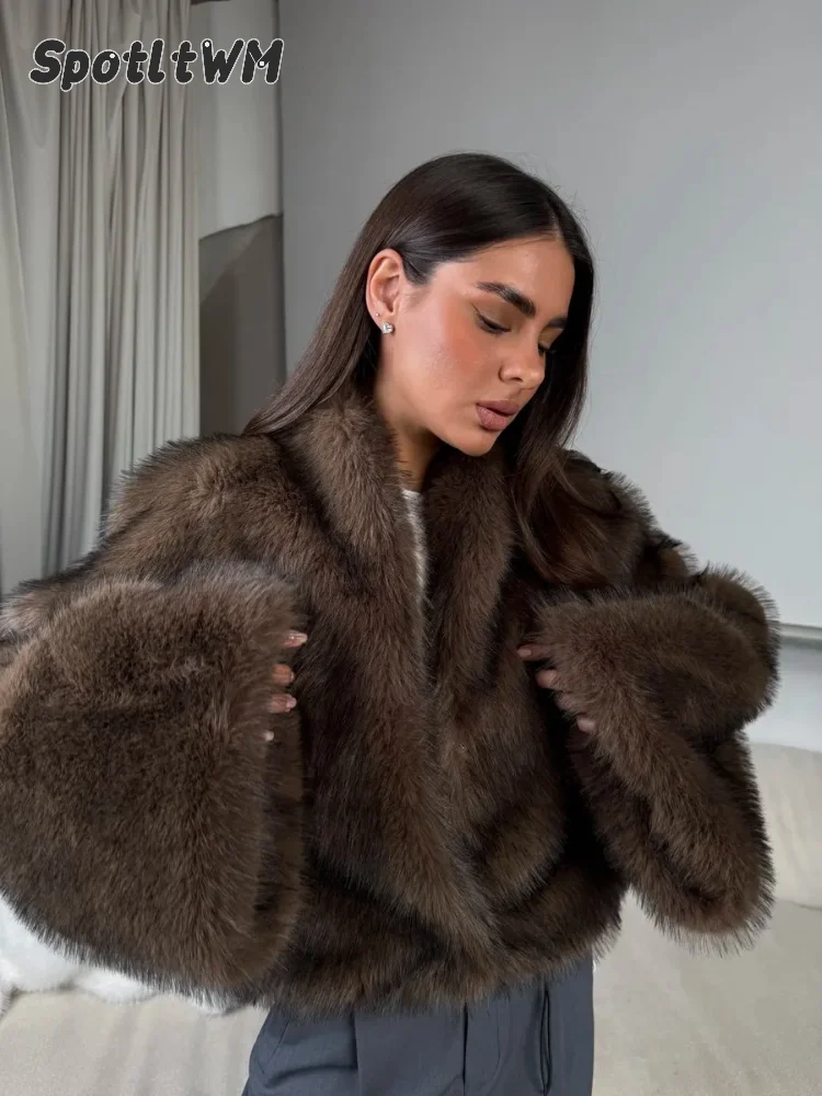 Oversized Solid Faux Fur Cropped Jacket Women Wide Stand Collar Open Front Ladies Luxury Winter Warm Short Outerwear 2026 New
