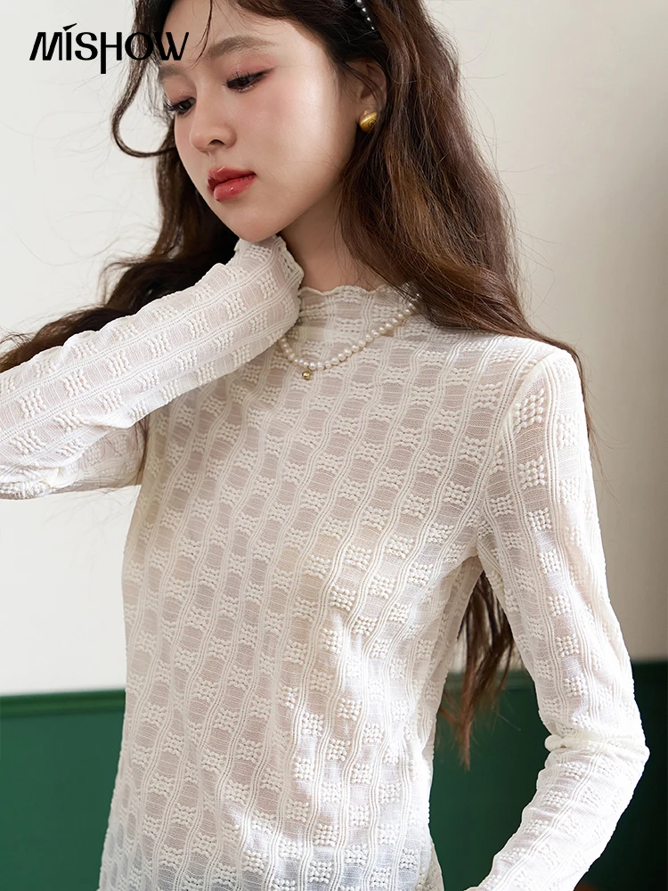 MISHOW Women\'s Solid Lace Collar Shirt 2023 Autumn Long Sleeve Textured Mock Neck Slim female Bottoming Office Tops MXC44Z0127