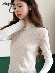 MISHOW Women's Solid Lace Collar Shirt 2023 Autumn Long Sleeve Textured Mock Neck Slim female Bottoming Office Tops MXC44Z0127