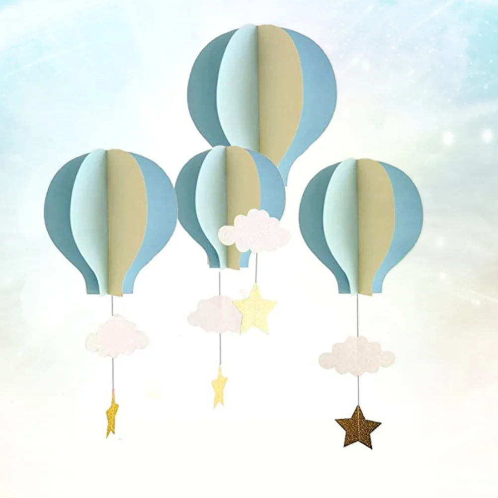 4 Pcs Hot Air Balloon Decoration Valentines Day Paper Pendant Wreath 3D Light Blue