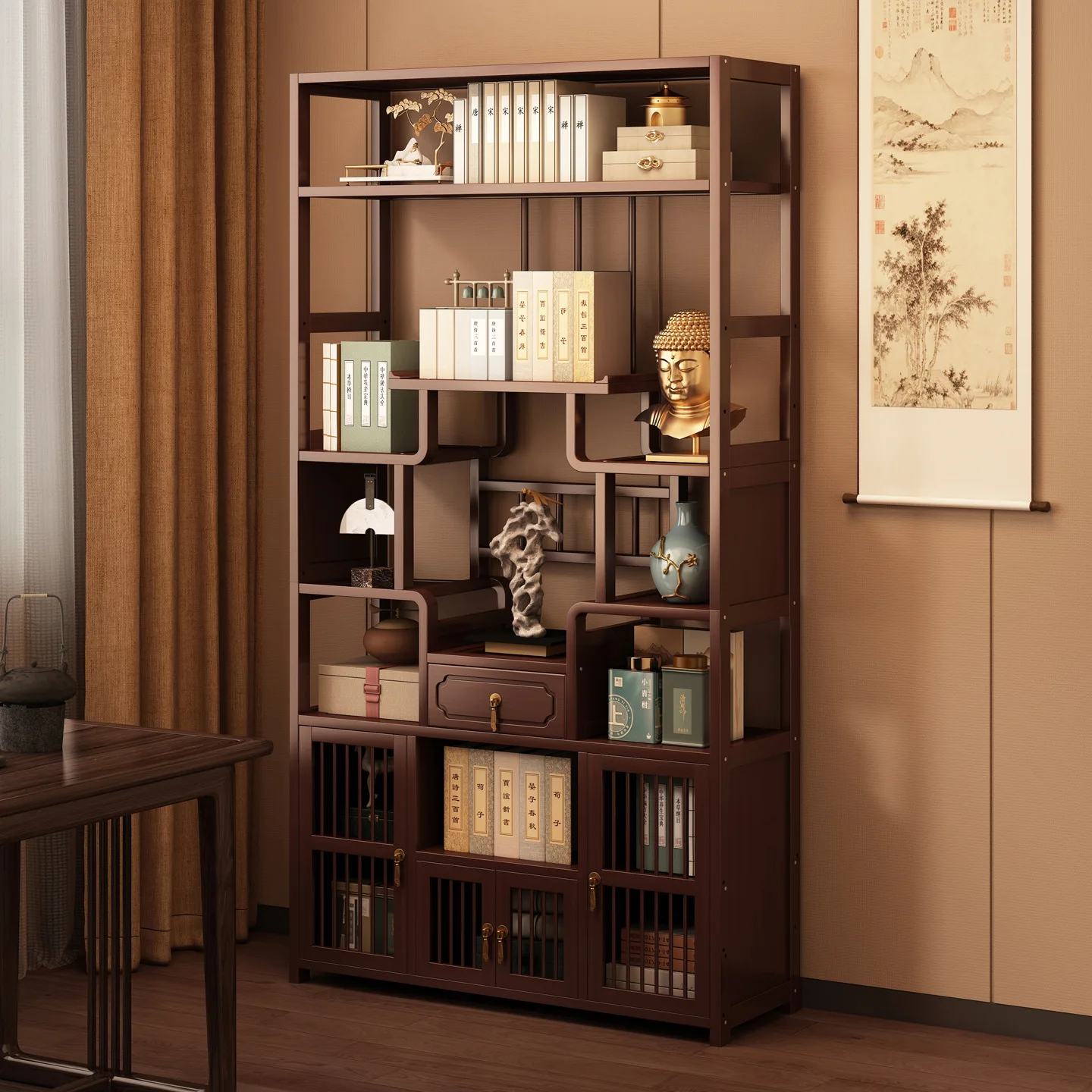 room tea cabinet shelf multi-layer storage tea tea set non-solid wood new Chinese style