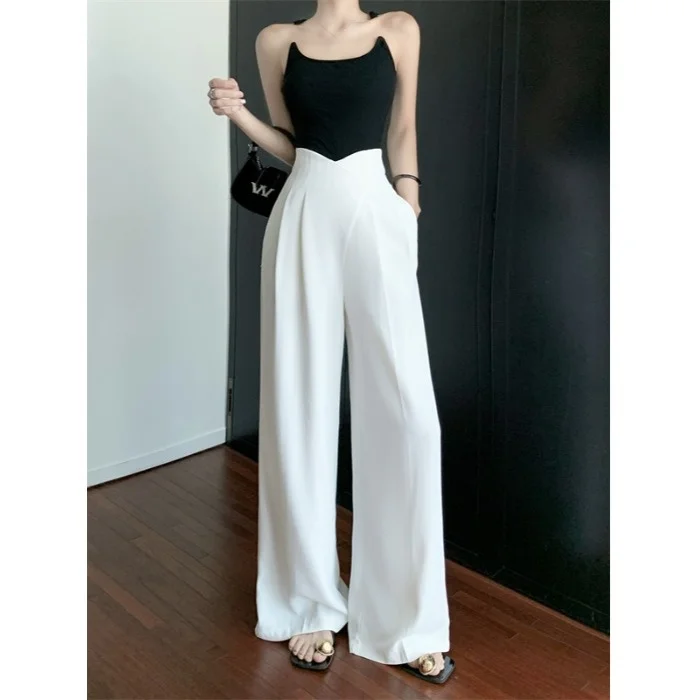 

High Waist V-Shape Wide Leg Pants Women's Summer Black Drape Slimming Straight Casual Suit Pants Korean Style Cotton Blend