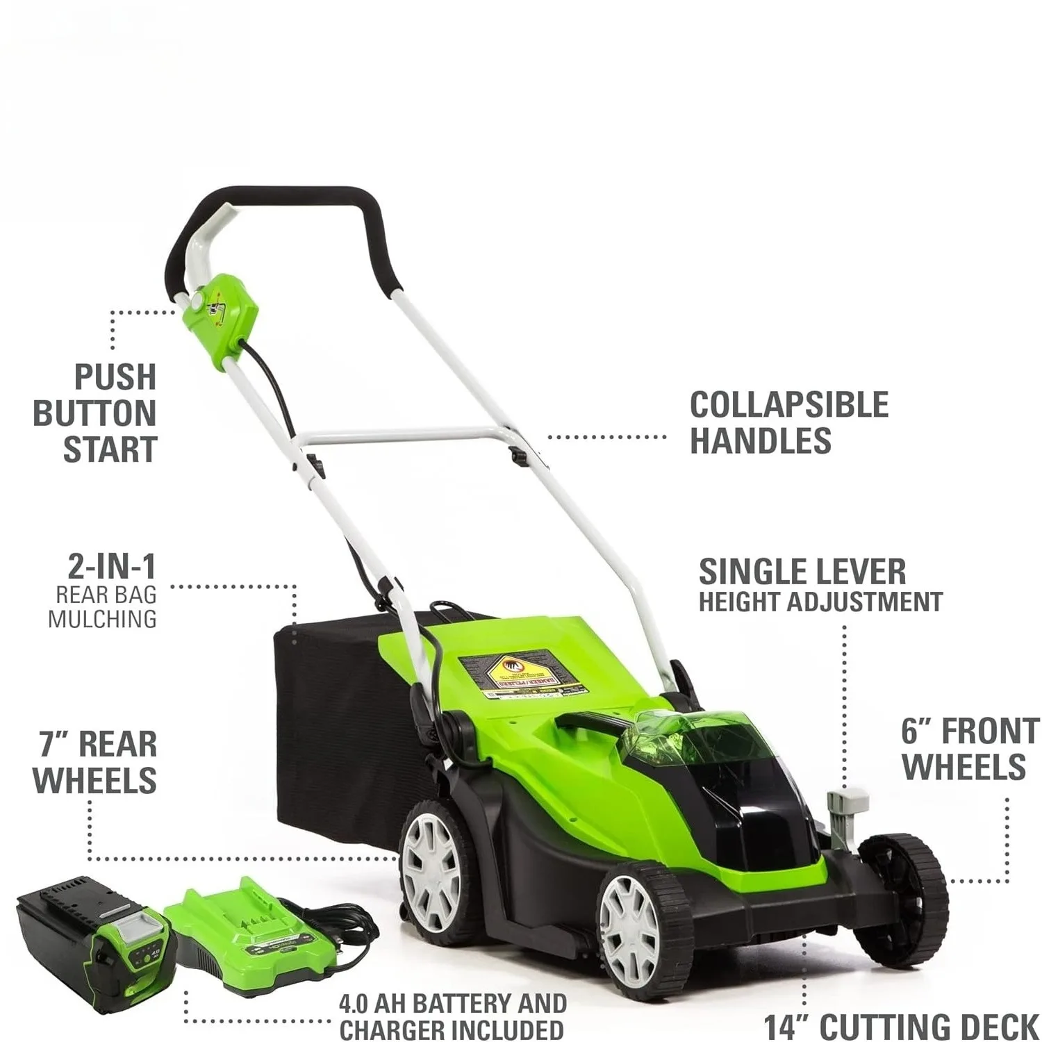 سلك 40 فولت 14 بوصة (دفع) جزازة العشب (75+ أدوات متوافقة)، بطارية وشاحن 4.0 أمبير