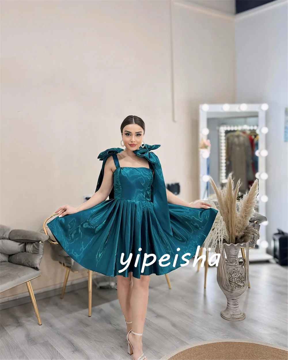 Customized Evening Satin Bow Draped Pleat Party A-line Off-the-shoulder Bespoke Occasion Gown Knee Length Dresses