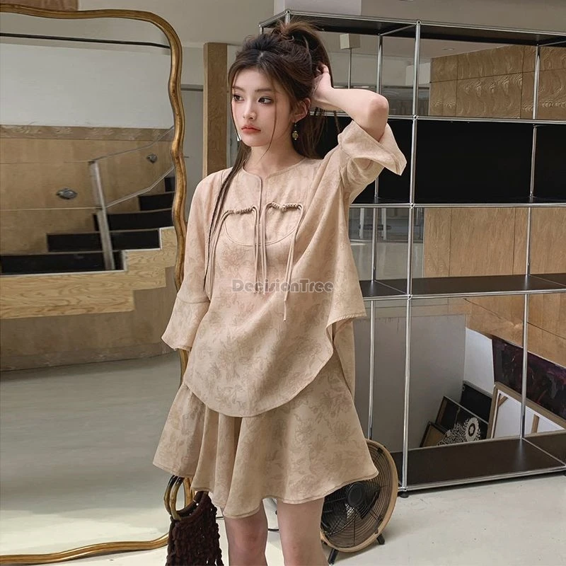 

2024 chinese style summer loose comfortable lady suit fashion design sense printing clothing set vintage lazy style zen tea set