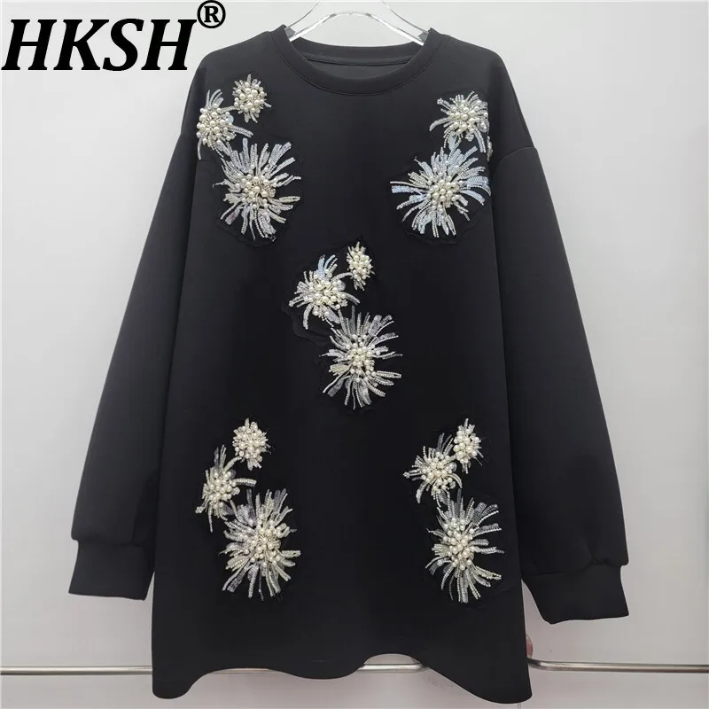 HKSH ฤดูใบไม้ร่วงฤดูหนาวใหม่เสื้อสเวตเตอร์ผู้หญิง O-คอเสื้อแขนยาวประดับด้วยลูกปัดประดับด้วยเลื่อมอเนกประสงค์ลำลองที่หรูหราเสื้อฮิต HK15604