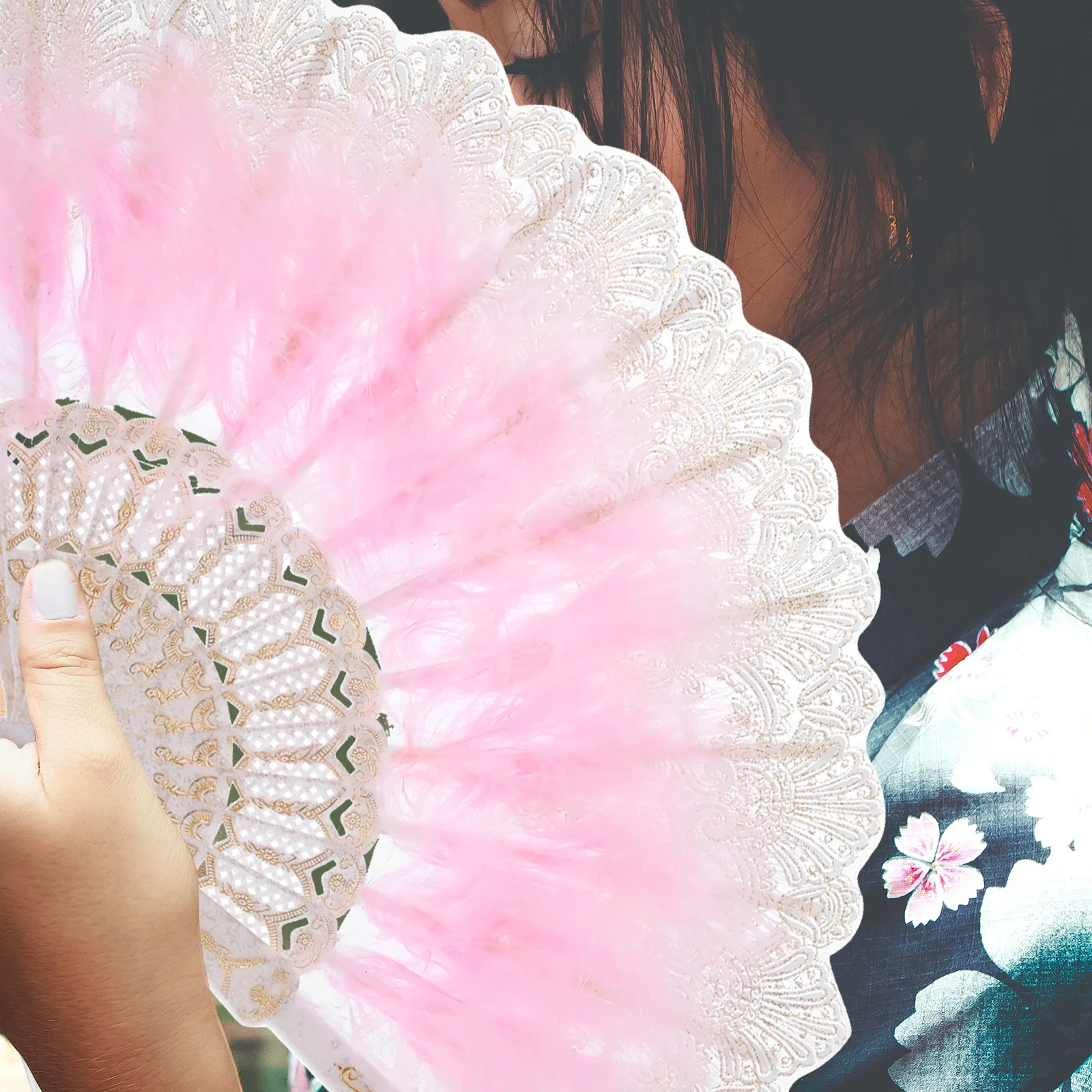 Fan Hand Fans Foldable Real Plume Wedding Bridal Decorative Pink Gold Embroidery Flower Design Costume Party Cosplay Tea