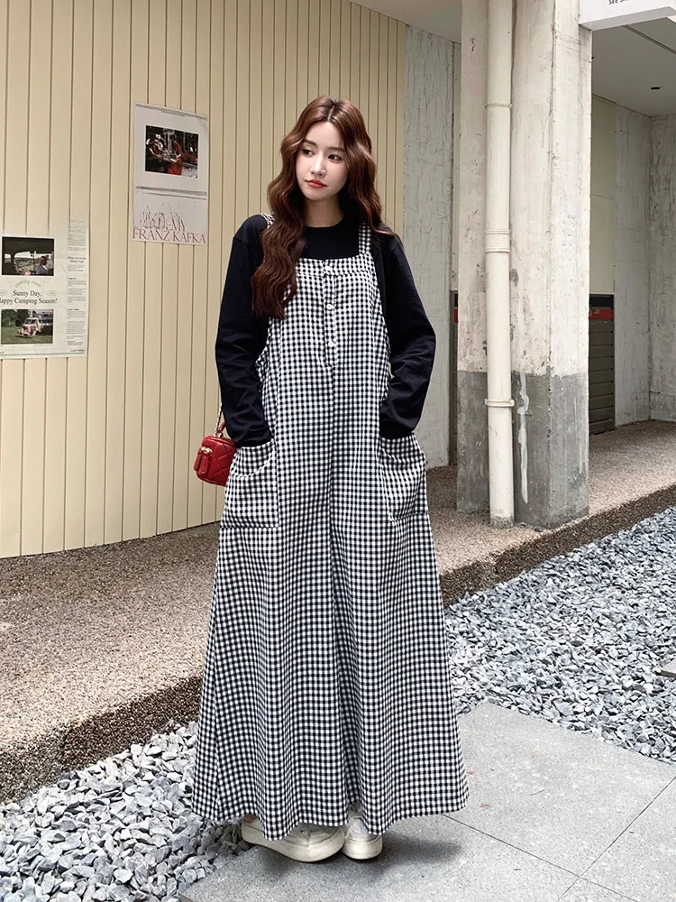 Retro Koreańskie Spodnie w Kratę z Szerokimi Nogawkami Damskie Jesienne Nowe Eleganckie Luźne Spodnie Jednoczęściowe z Wysokim Stanem Długie Spodnie