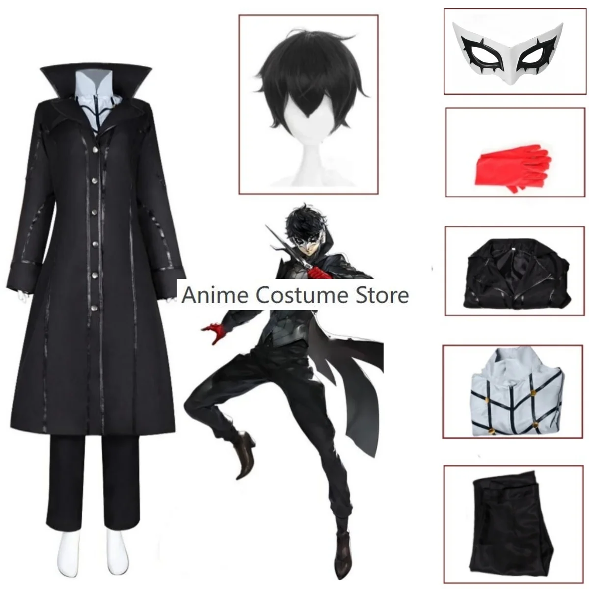 Amamiya Ren fantasia cosplay para homens, Game Persona 5, peruca, máscara, uniforme, jaquetas, conjunto completo, festa de Halloween