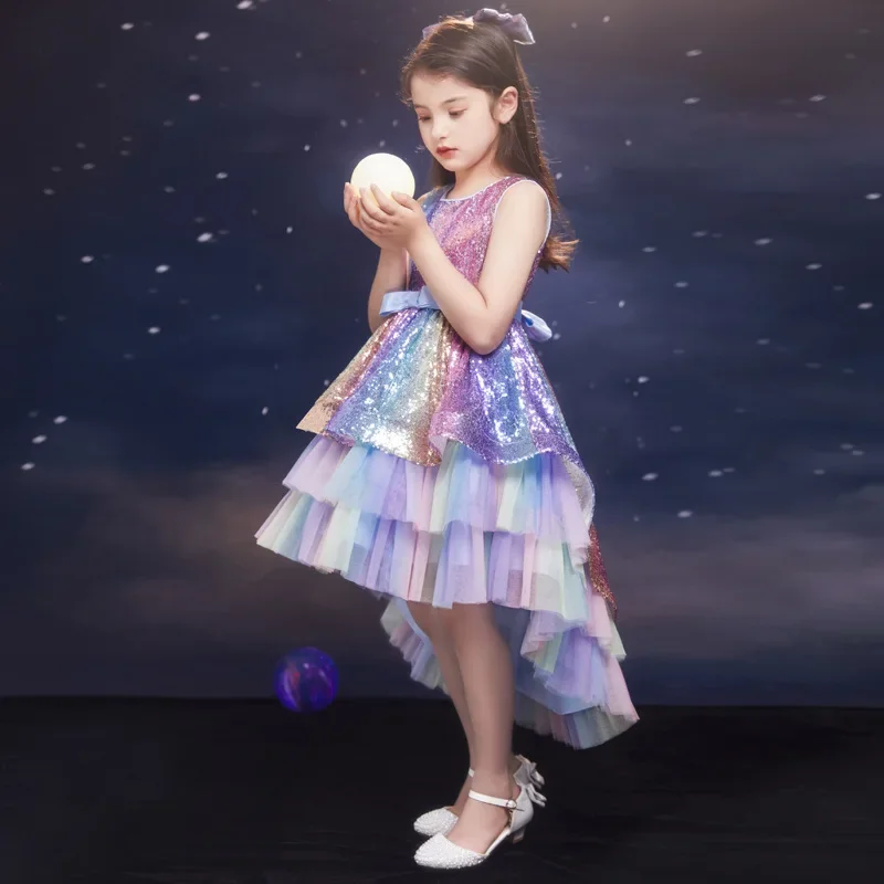 Summer Girl Princess Dress Children\'s Colorful Sequin Fluffy Mesh Dresses Role Play Party Flower Ceremonial Dress 6-12T Dresses