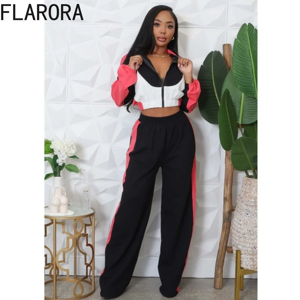 

FLARORA Woman Stripe Patchwork 2 Pcs Set Trend Lapel Full Sleeve Zip Crop Jackets And Wide Leg Pants Suit Fall Street Tracksuits