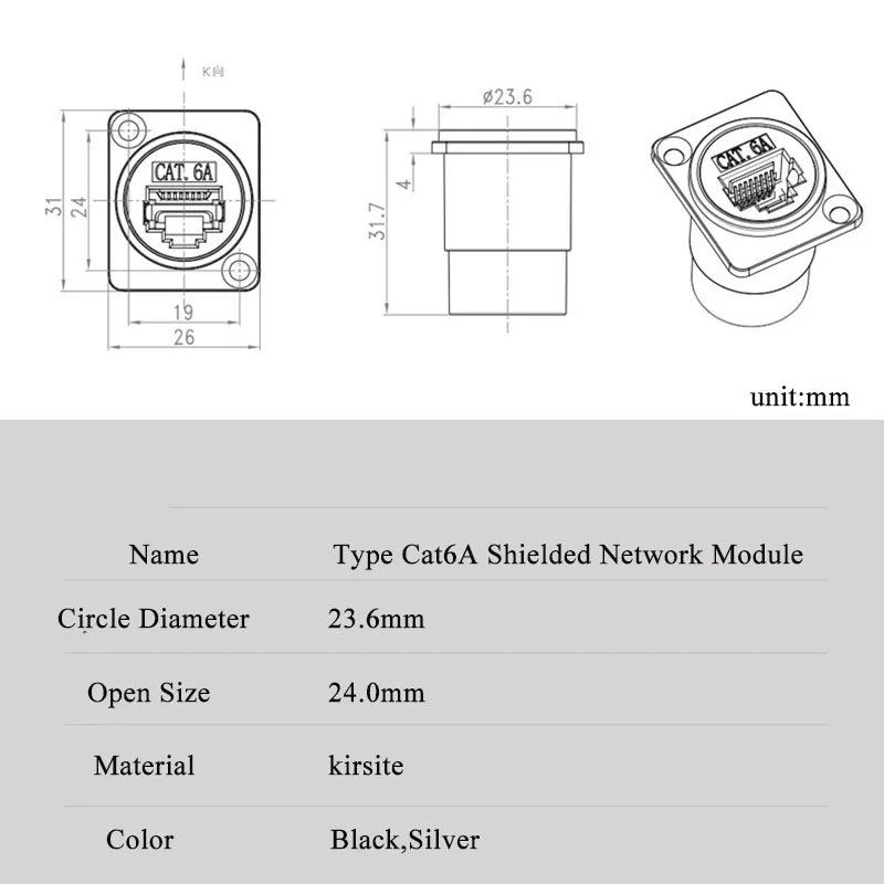 D-type RJ45 CAT6A Gigabit Network Socket Plug Zinc Alloy RJ45 Shielding Conenctor Industrial Grade Category 6A Ethernet Module