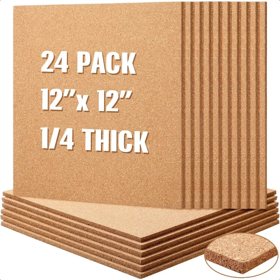 24 Pcs Square Cork Board Tiles 12"x12" 1 4" Thick Bulletin Boards Natural Cork Sheets with Self Adhesive Backing Brown Corkboar