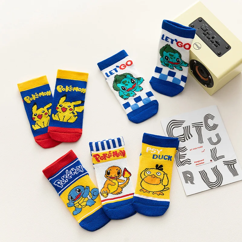 5pairs Pokemon Action Figures Pikachu Psyduck Squirtle Bulbasaur Boys Girls Children Cotton Short-tube Boat Socks Birthday Gifts