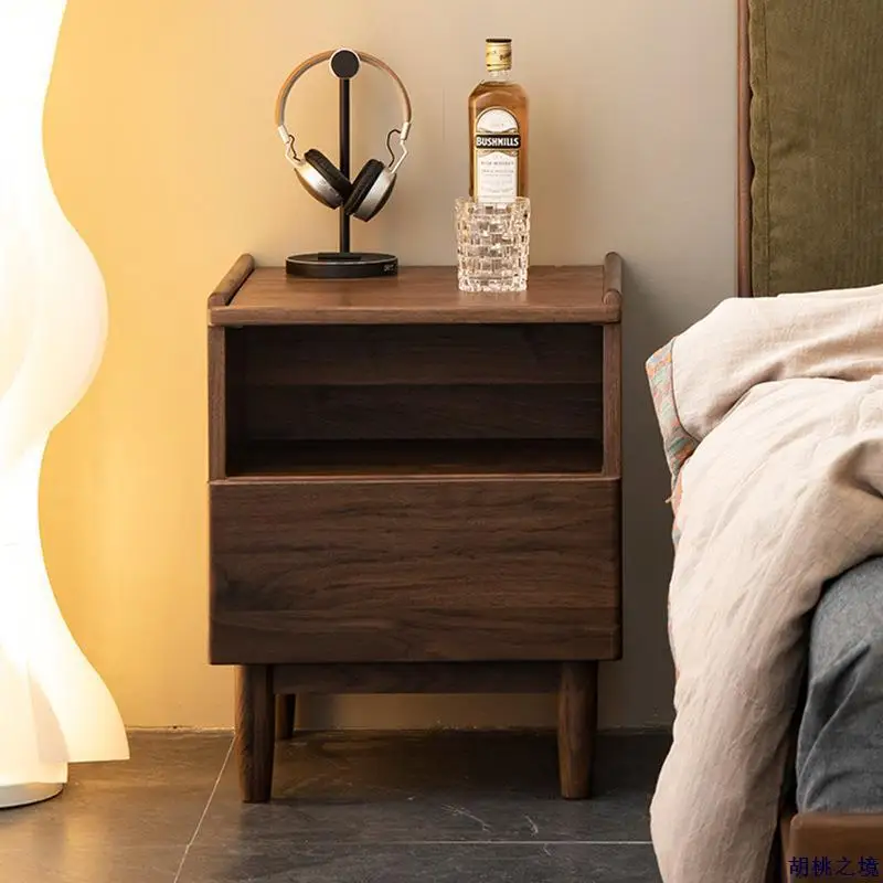 Stolik nocny z czarnego orzecha amerykańskiego, meble do sypialni z litego drewna, nowoczesny, prosty, mały stolik nocny z szufladą.