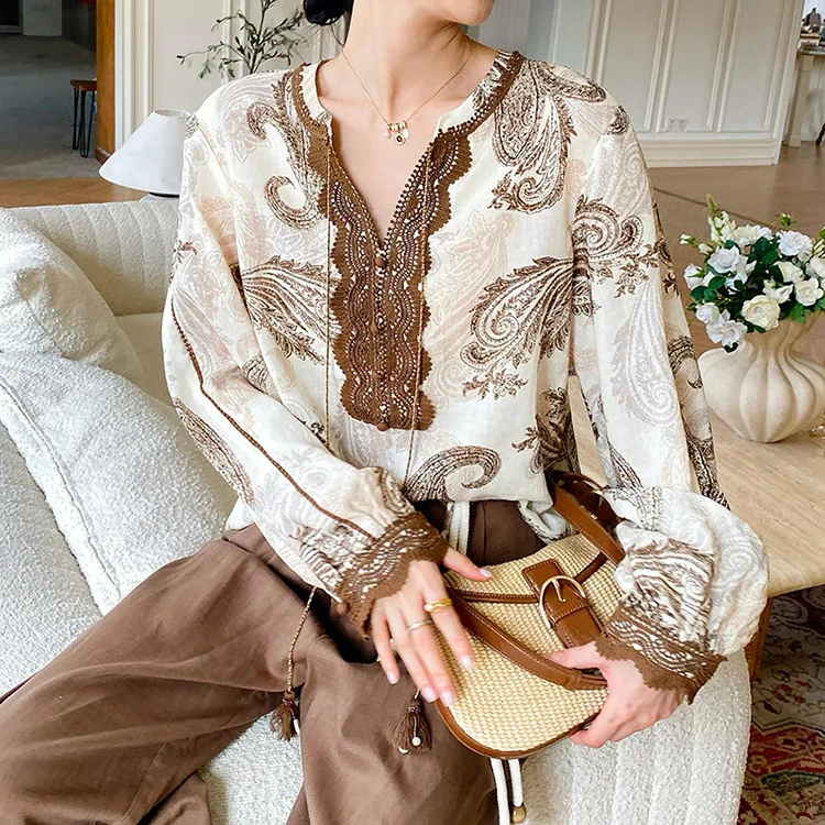Boho Vintage Printed Blouse Shirt Women Elegant Lyocell Linen Spring Autumn V-neck Long Sleeve Ladies Loose Casual Ladies Tops