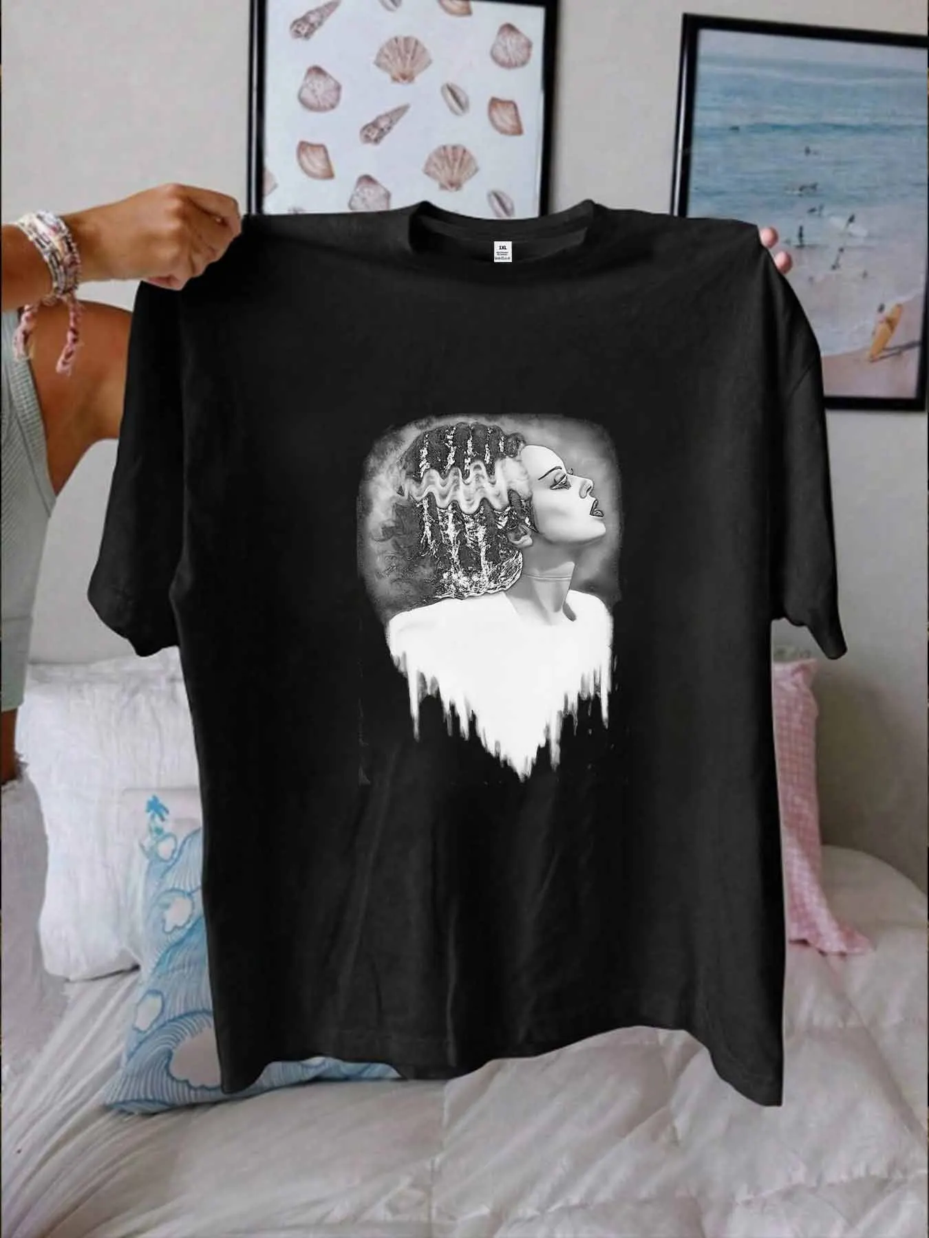 

【WY132612】Женская портретная женская футболка больших размеров с круглым вырезом и короткими рукавами, эластичными рукавами и модными принтами