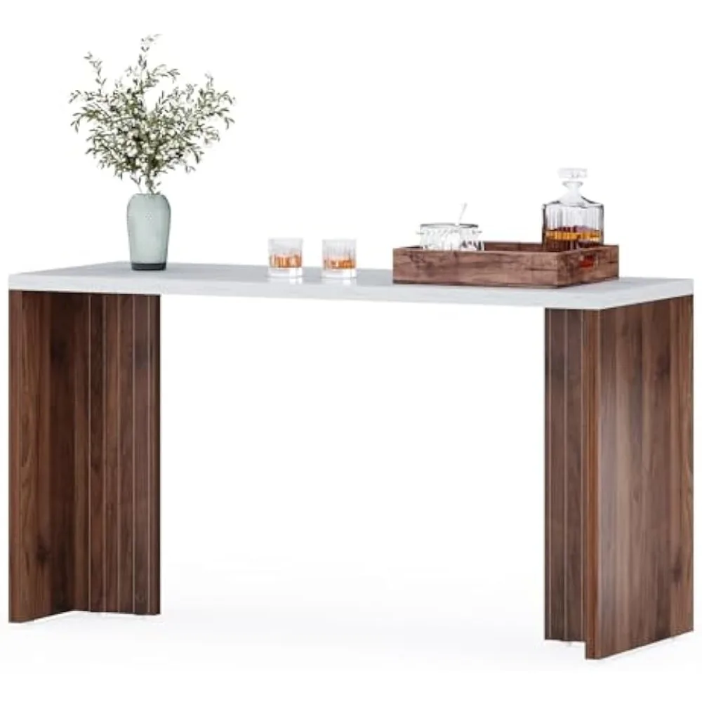 

Home Bar Table, 55-Inch Long Counter Height Pub Table with a Faux Marble Finished Tabletop, Narrow Rectangular Indoor Bar Unit