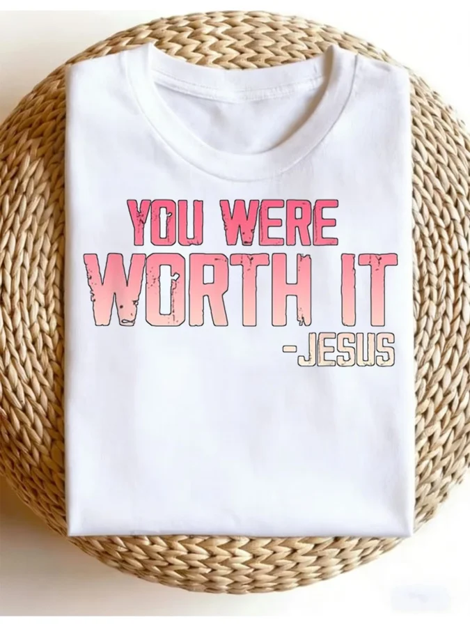 Women's You Were Worth It Jesus Graphic T Shirt Inspirational Christian Faith Short Sleeve Round Neck Tee Religious Gift Casual Tops