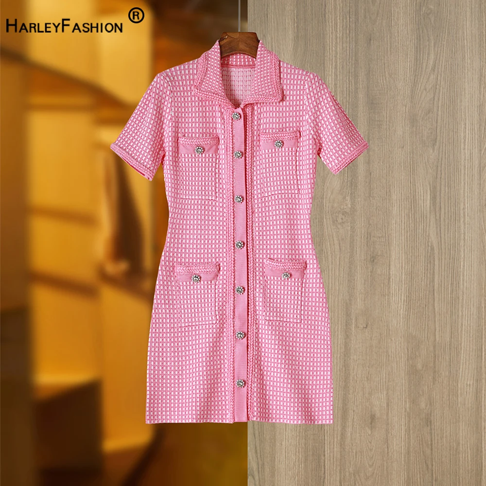 Short Sleeve Pink/Blue 2 Solid Color Luxury Woven Tweed Fabric Straight Women Sweet Quality Dress