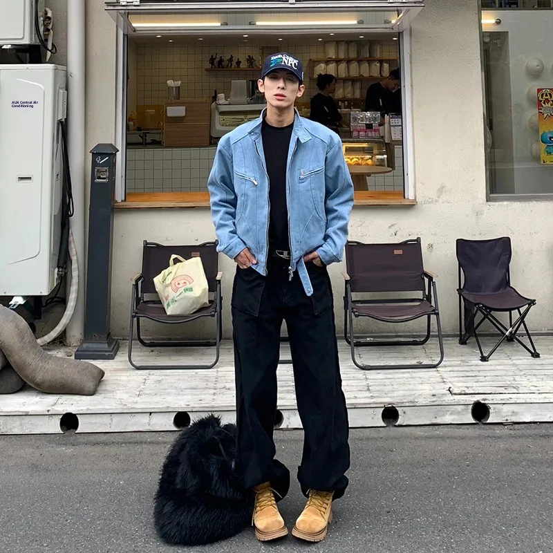 

Blue ort Men's Denim Jaet Autumn Waed Vintage Harrington Jaet Deconstructed Design Casual Youth Active Sle Zipper C...