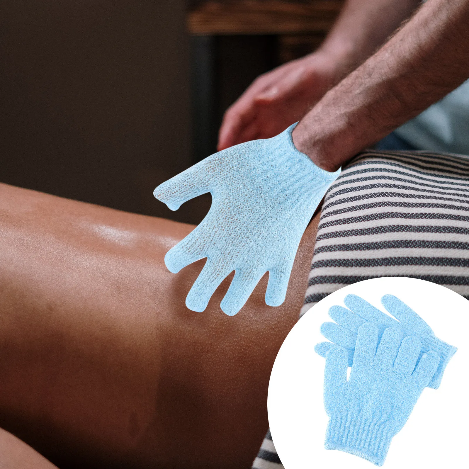 

2Pair Five Fingers Bath Gloves Exfoliating Body Scrub Shower Mitt Stretchy Design One Size Fits Most Men Women Blue