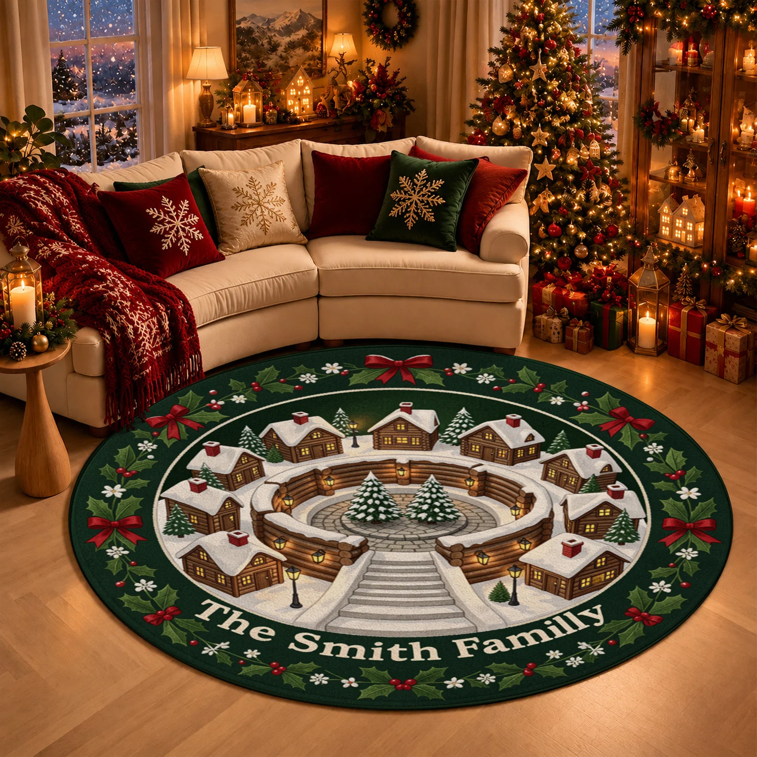 Winter Christmas Village Print Round Velvet Mat Machine Washable for Living Room Dining Room Entryway Halloween Thanksgiving Black Friday Cyber Monday Christmas New Year Decor