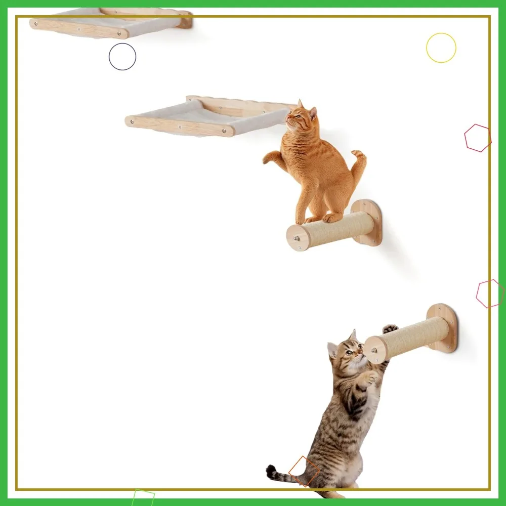 

Настенные полки для кошек, набор из 4 штук с гамаками и стойками для прыжков, прочная мебель для кошек из дуба для лазания, игр и отдыха