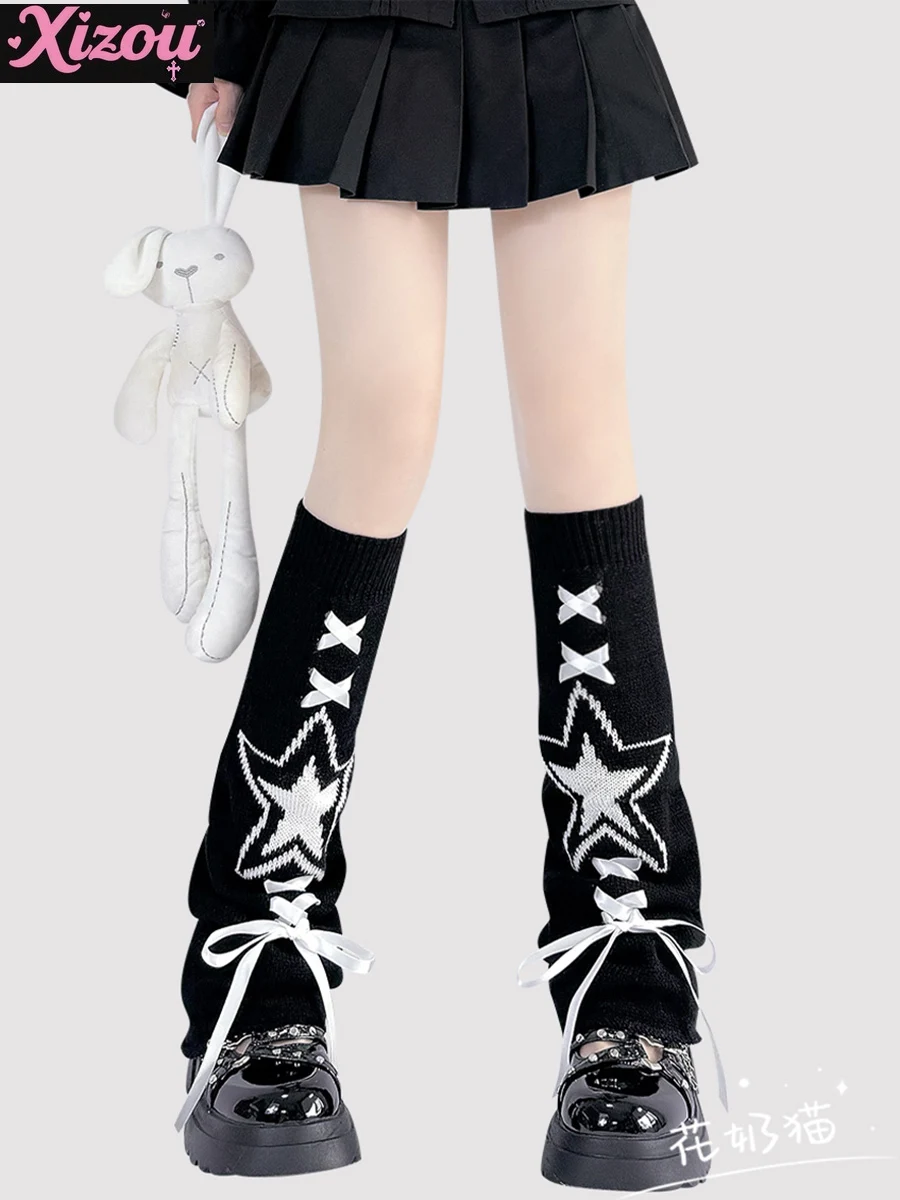 Personality Girl Y2K Subculture Leg Cover Female Hottie Japanese Black Pink Star Cross Strap Bow Lolita Stacked Sock Cover Women