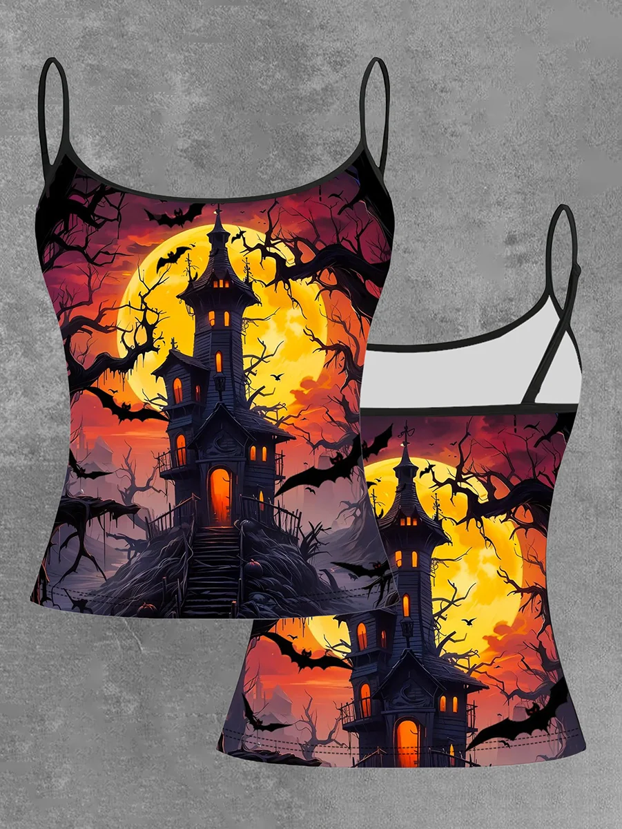Summer Women's Print T-shirt Straps top Gothic Casual Breathable Micro Elastic Fabric Sleeveless Straps sling Vest