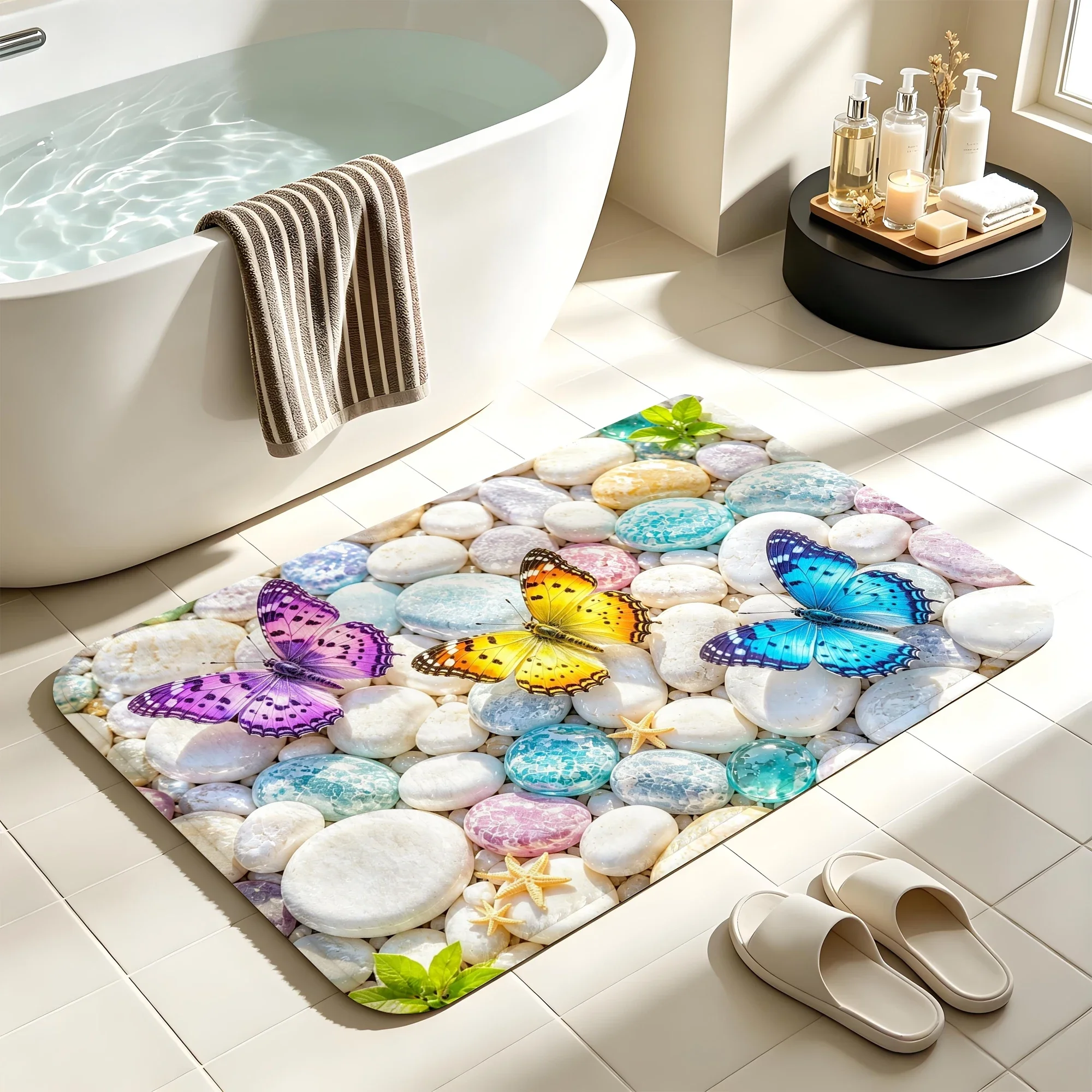Bathroom use absorbent quick drying floor carpet home decoration flannel anti slip shower carpet pebble theme